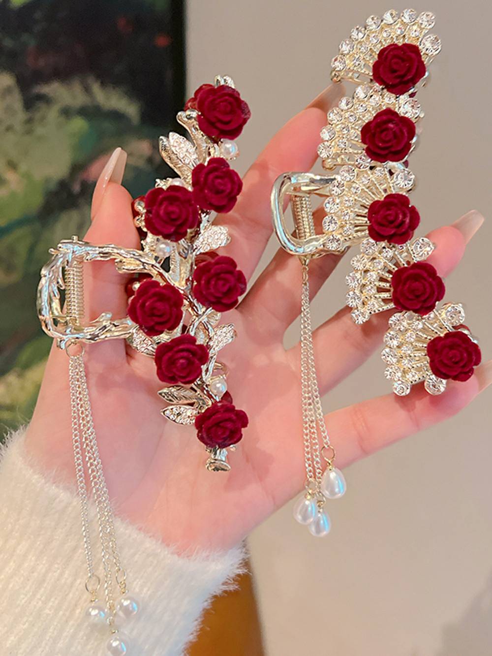 Red Rose Hair Clip with Tassel Shark Clip-CALLISTARI