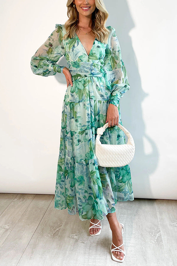 Painted Inspiration Floral Balloon Sleeves Maxi Dress-CALLISTARI