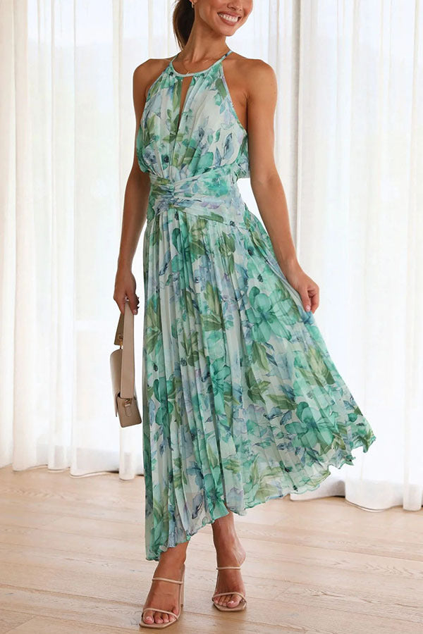 Aqua Floral Print Halter Cutout Neck Pleated Maxi Dress-CALLISTARI