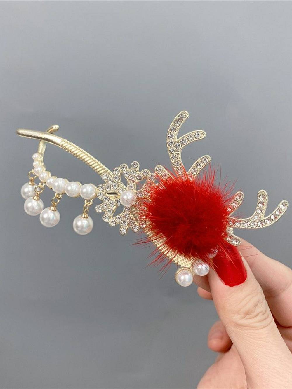 Deer Antler Pearl Rabbit Fur Hair Clip-CALLISTARI