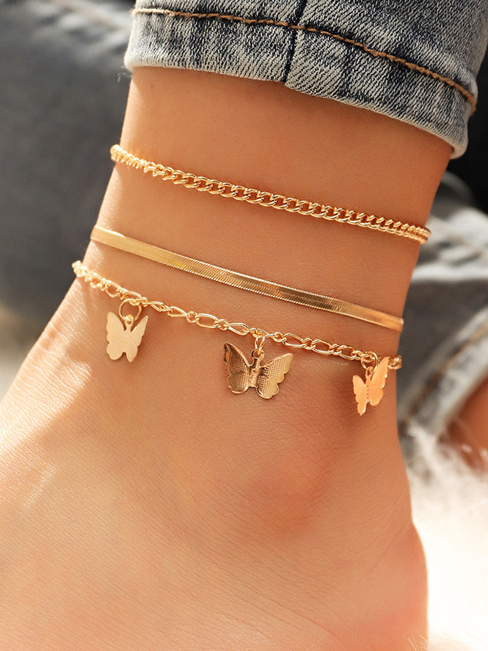 Goldtone Butterfly Station Anklet Set-CALLISTARI