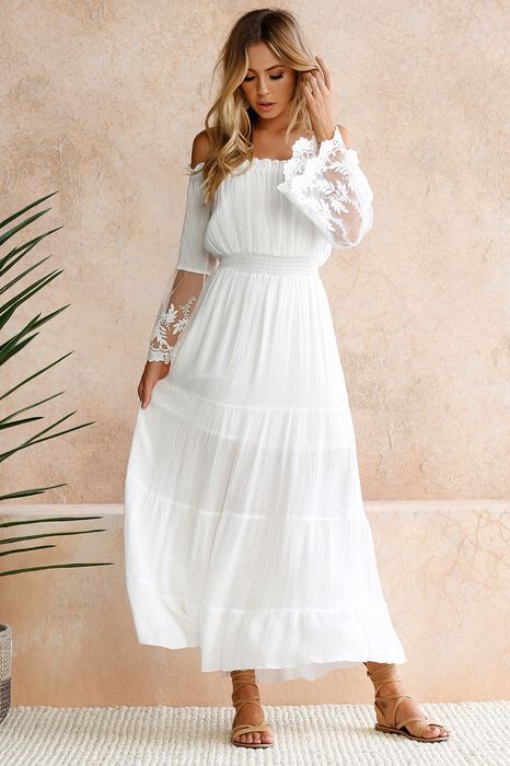 Shoulder Maxi Dress: Embroidered Off Lace Flared Sleeve-CALLISTARI