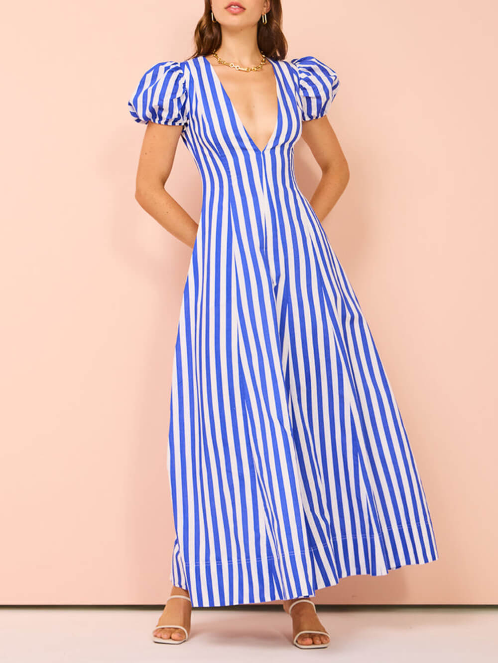 Callistari Bubble Sleeve In Stripe Wavy Maxi Dress-CALLISTARI