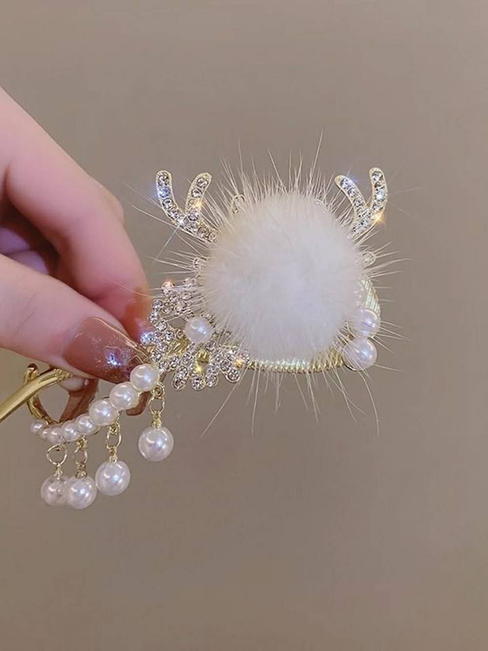 Deer Antler Pearl Rabbit Fur Hair Clip-CALLISTARI