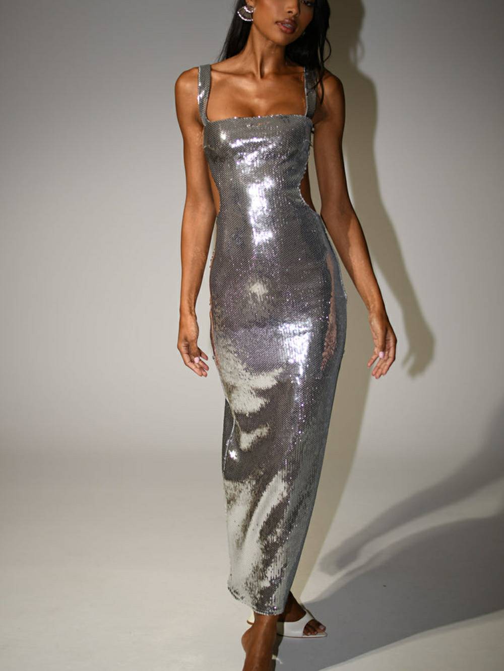 Sequin Cut Out Maxi Dress - Silver-CALLISTARI