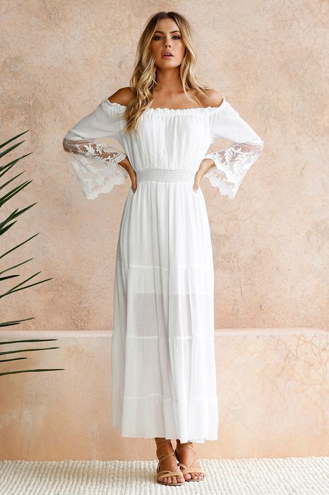 Shoulder Maxi Dress: Embroidered Off Lace Flared Sleeve-CALLISTARI