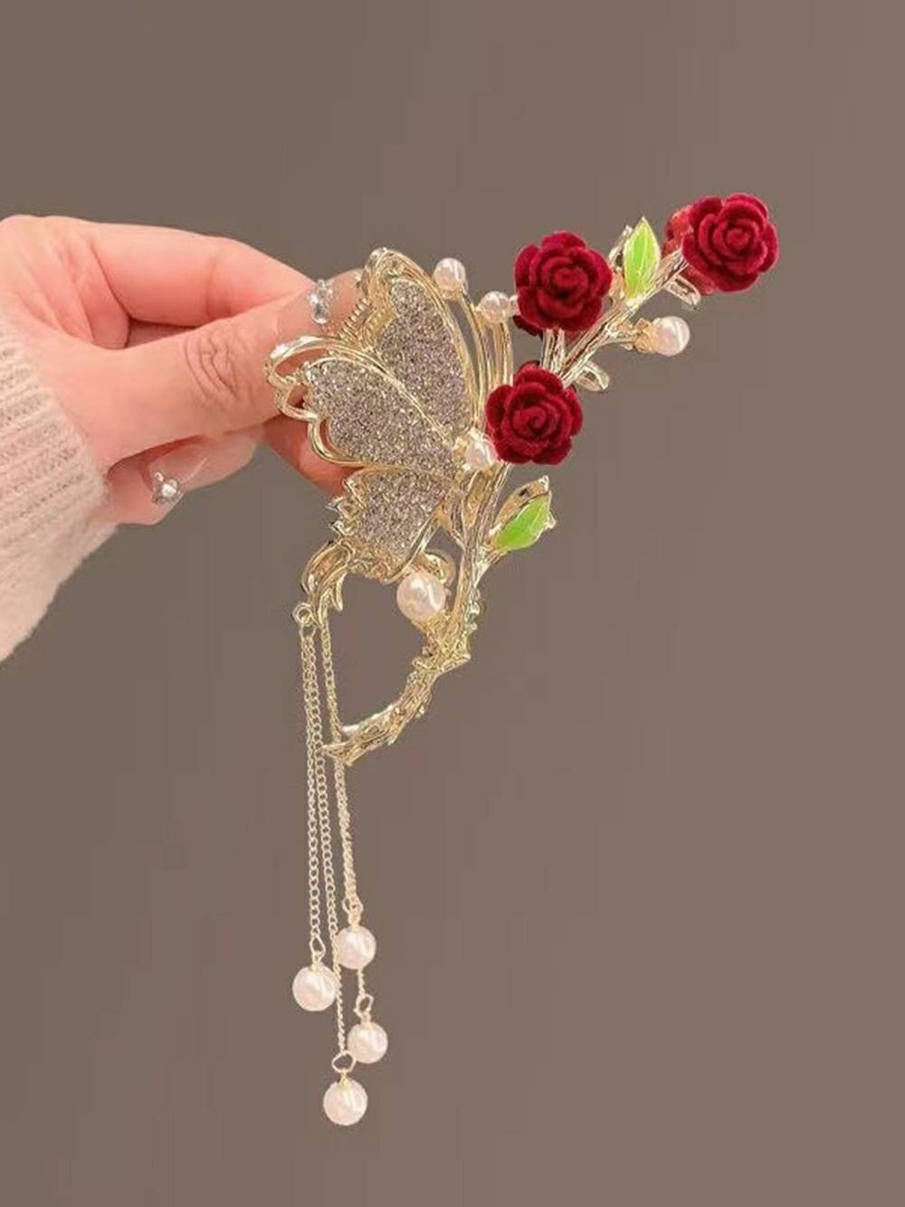 Red Rose Hair Clip with Tassel Shark Clip-CALLISTARI