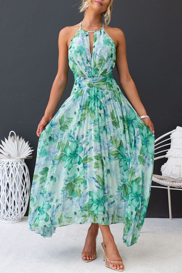 Aqua Floral Print Halter Cutout Neck Pleated Maxi Dress-CALLISTARI