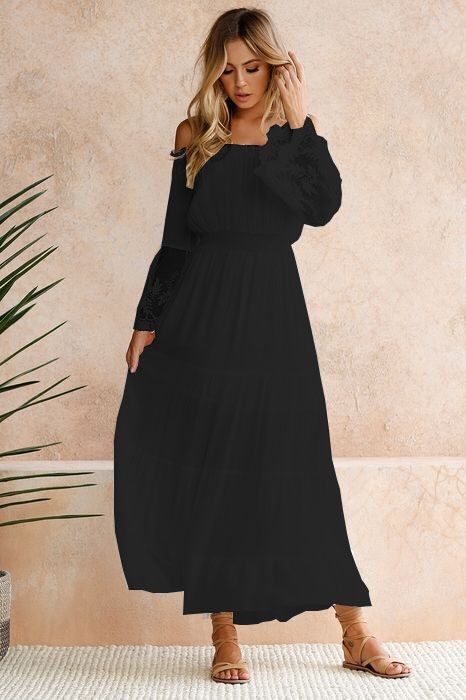 Shoulder Maxi Dress: Embroidered Off Lace Flared Sleeve-CALLISTARI
