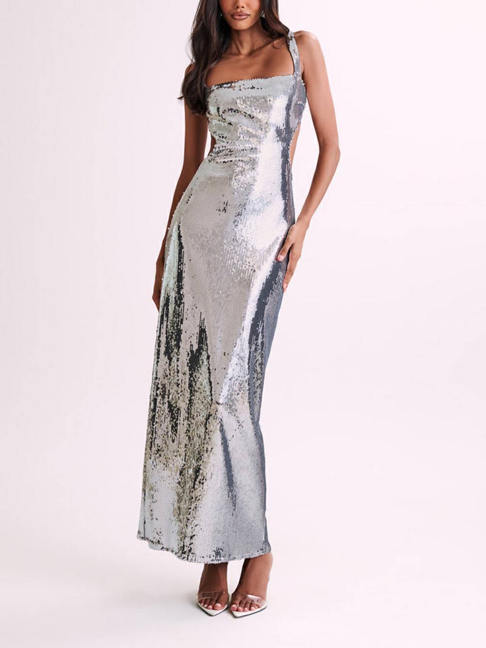 Sequin Cut Out Maxi Dress - Silver-CALLISTARI