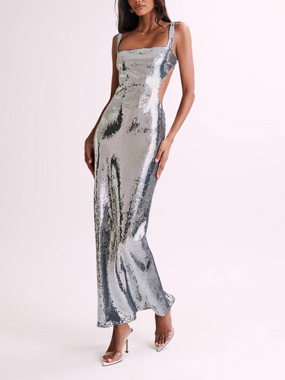 Sequin Cut Out Maxi Dress - Silver-CALLISTARI