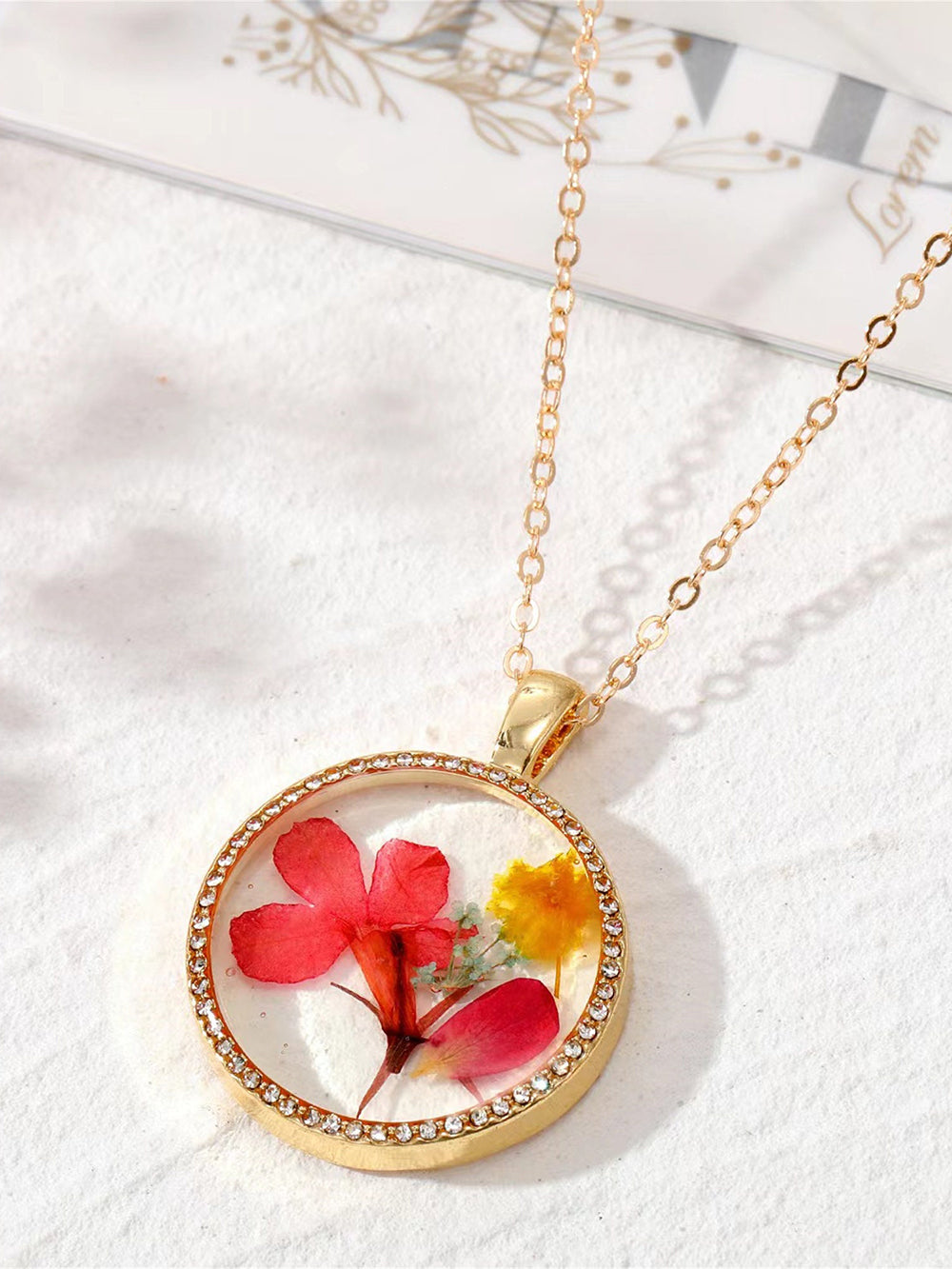Resin Pressed Flower Necklaces - Rhinestone Birth Month Floral-CALLISTARI