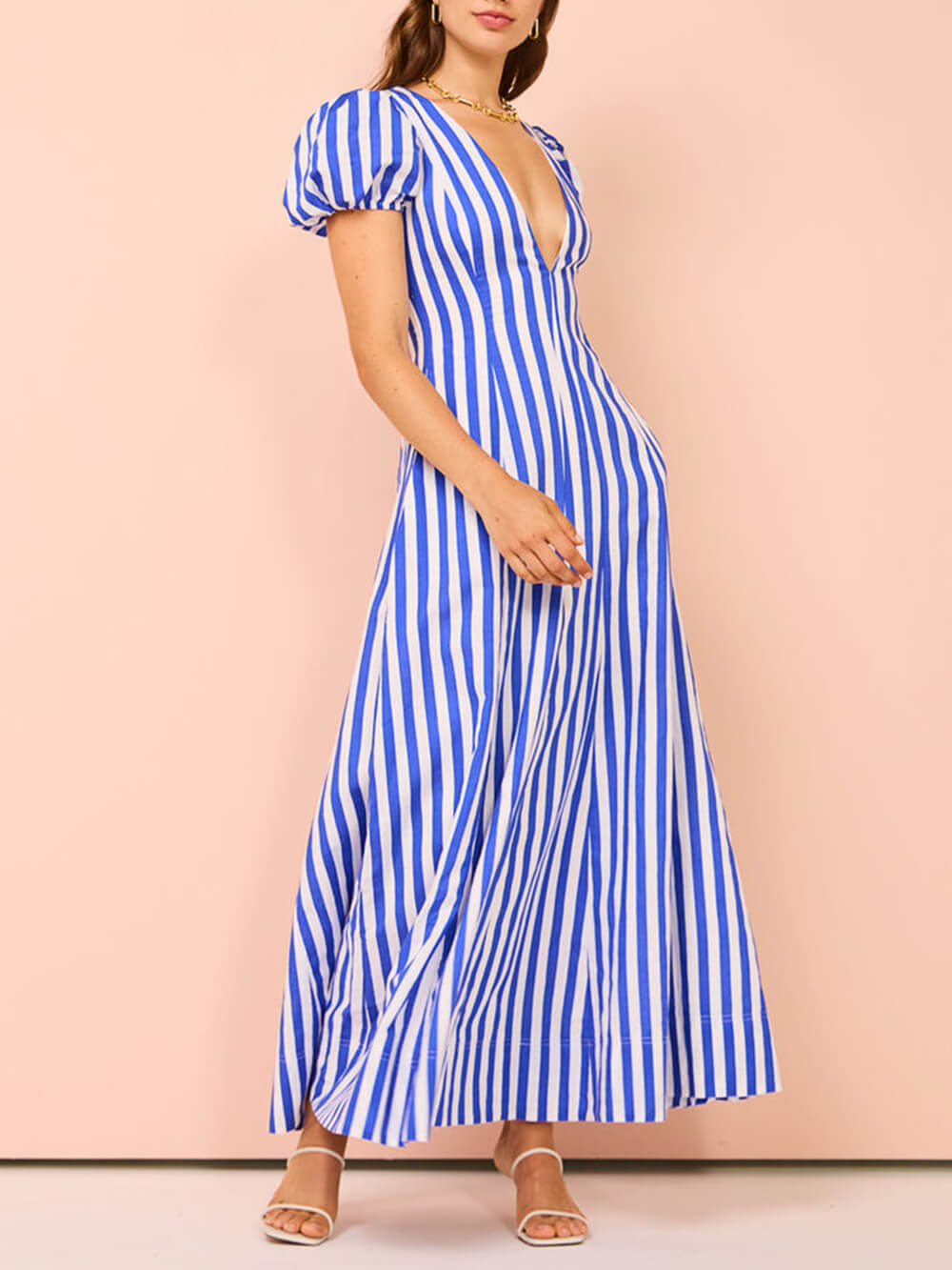 Callistari Bubble Sleeve In Stripe Wavy Maxi Dress-CALLISTARI