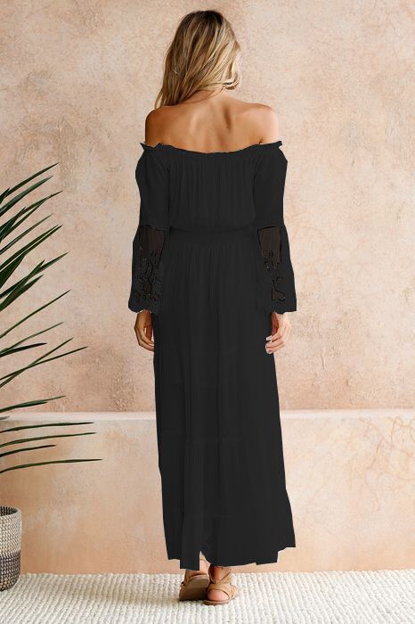 Shoulder Maxi Dress: Embroidered Off Lace Flared Sleeve-CALLISTARI