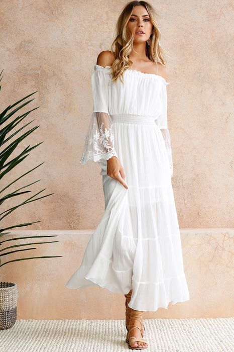 Shoulder Maxi Dress: Embroidered Off Lace Flared Sleeve-CALLISTARI