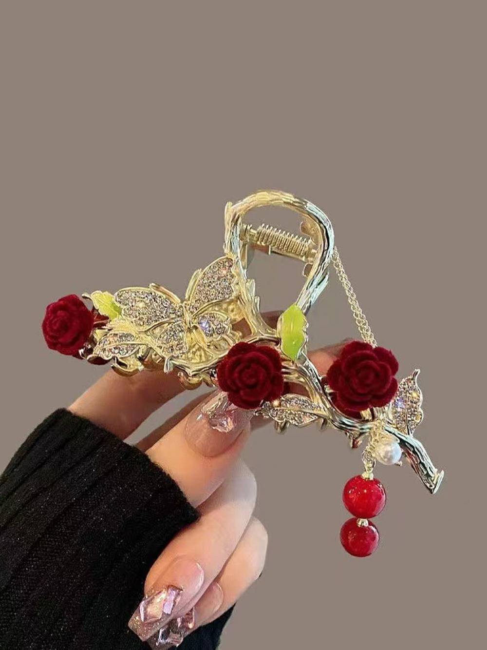 Red Rose Hair Clip with Tassel Shark Clip-CALLISTARI
