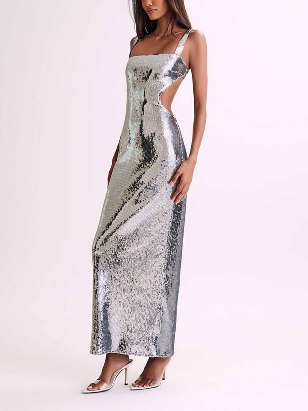 Sequin Cut Out Maxi Dress - Silver-CALLISTARI