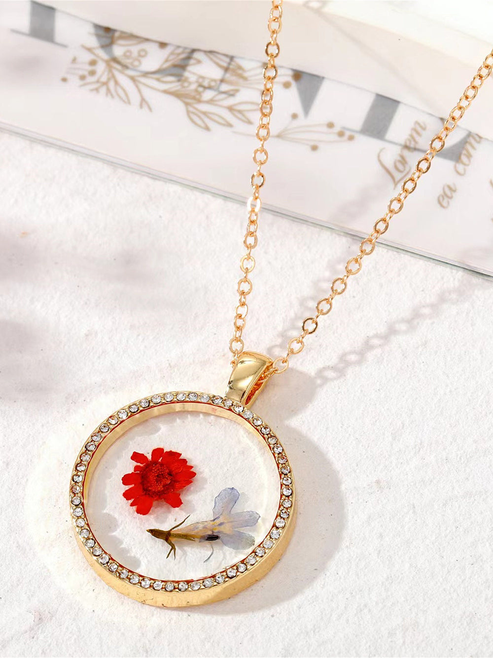 Resin Pressed Flower Necklaces - Rhinestone Birth Month Floral-CALLISTARI