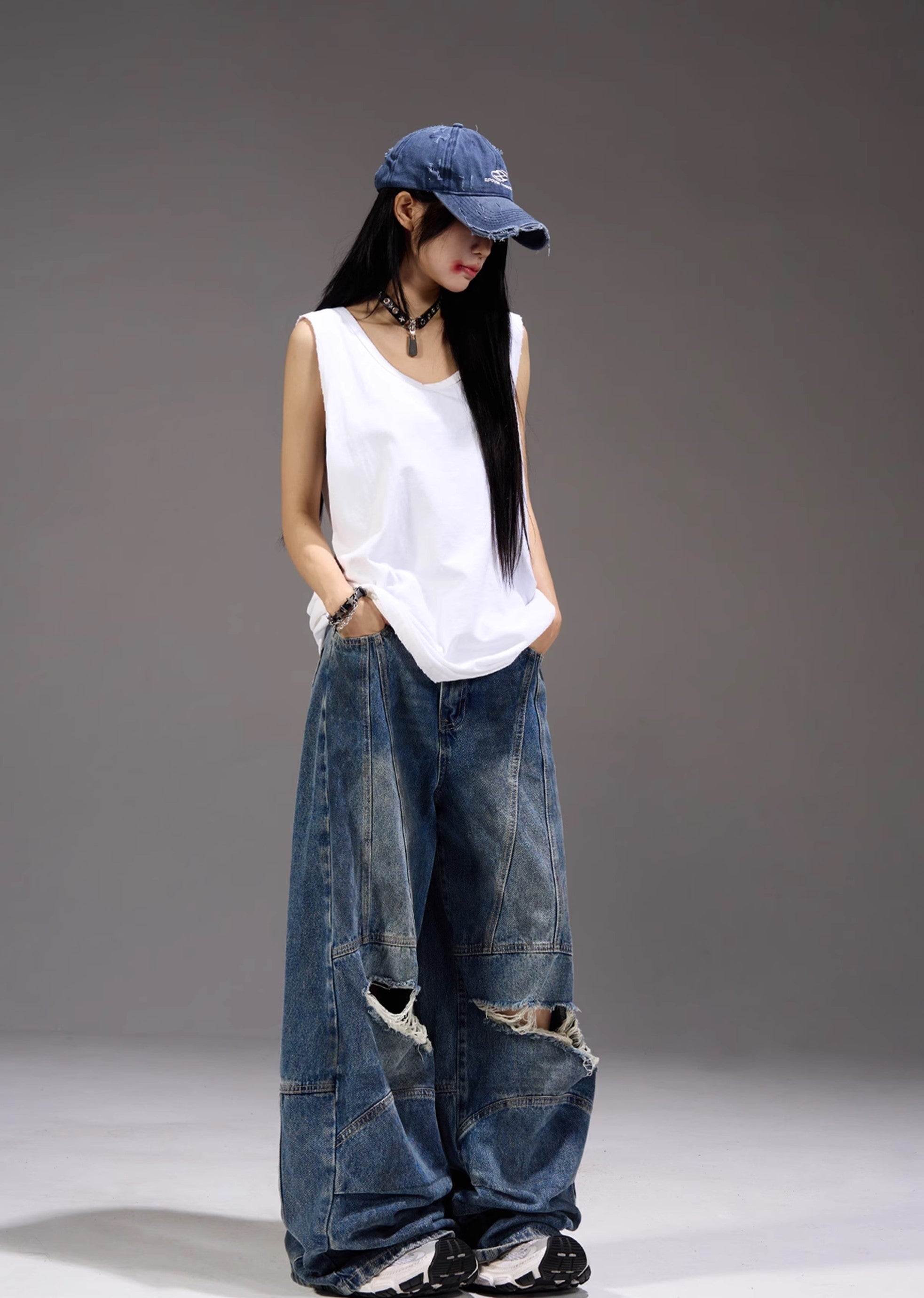 【MAXDSTR】Dull knee damage processing mid-light wide straight denim pants  MD0155-CALLISTARI
