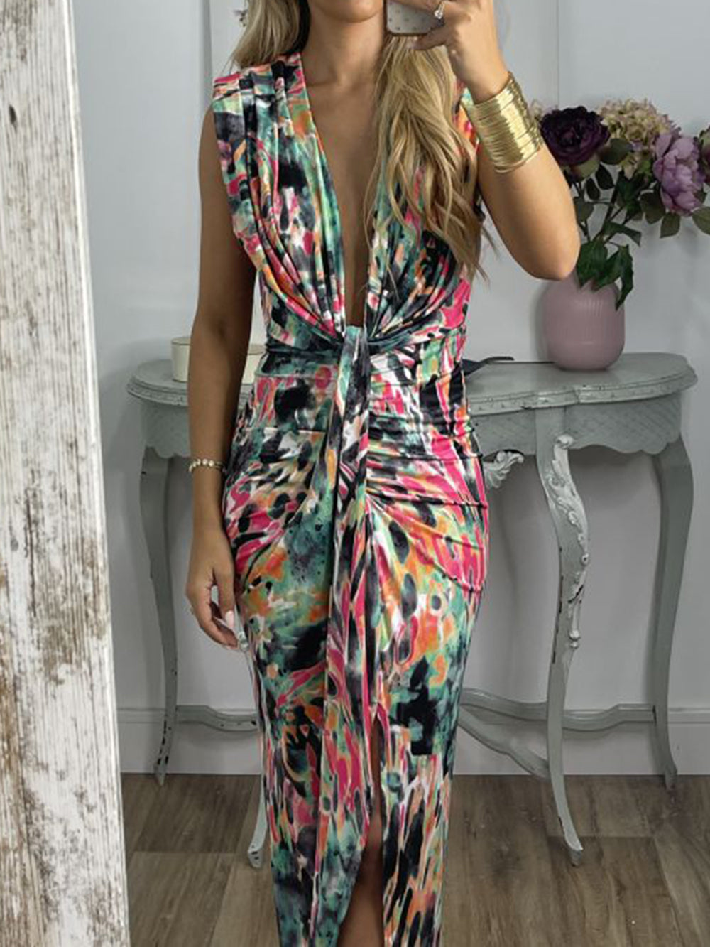 Tie-Dye Deep V Ruched Knotted Maxi Dress-CALLISTARI