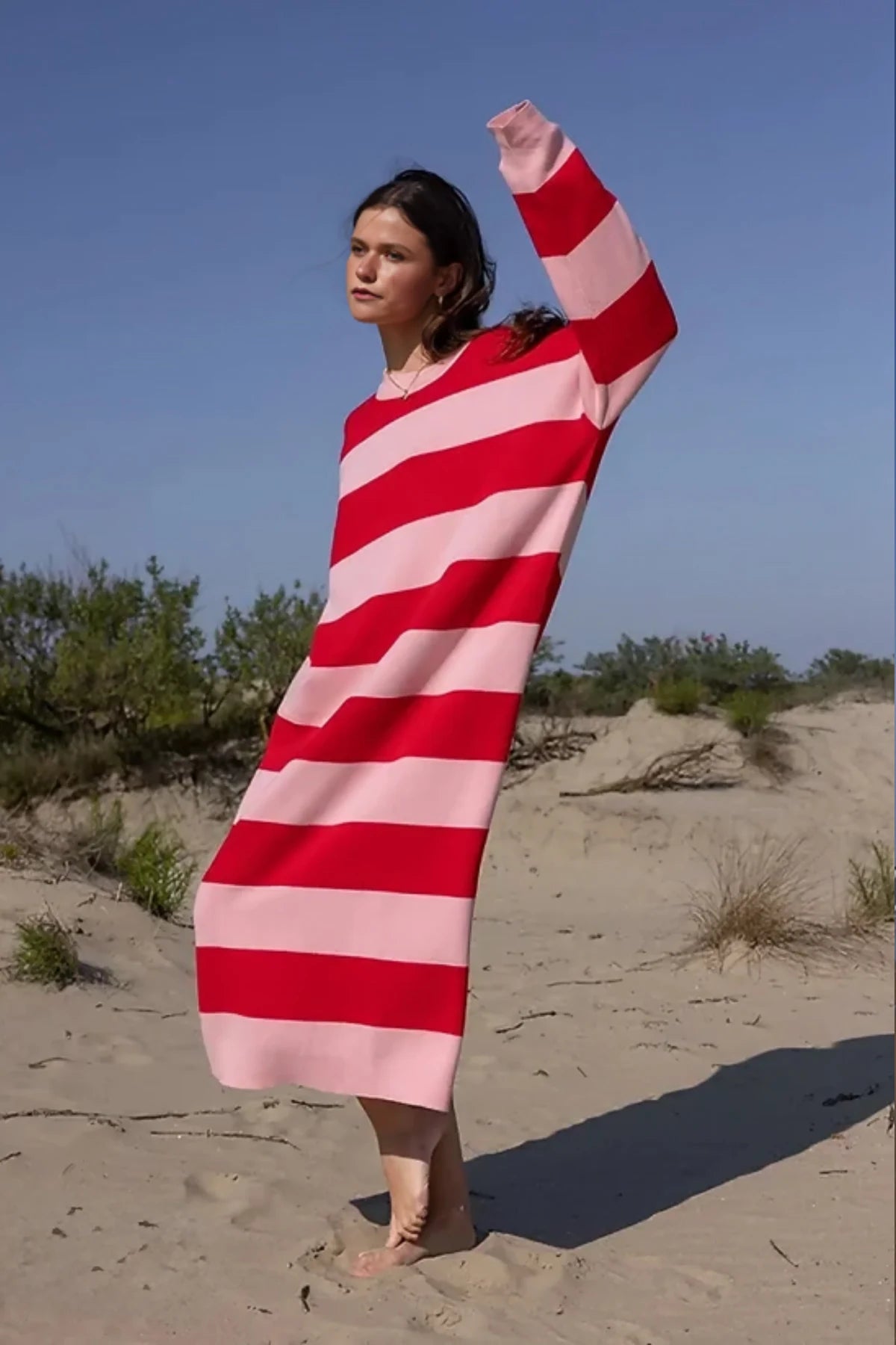 Casual Striped Midi Dress-aritzao