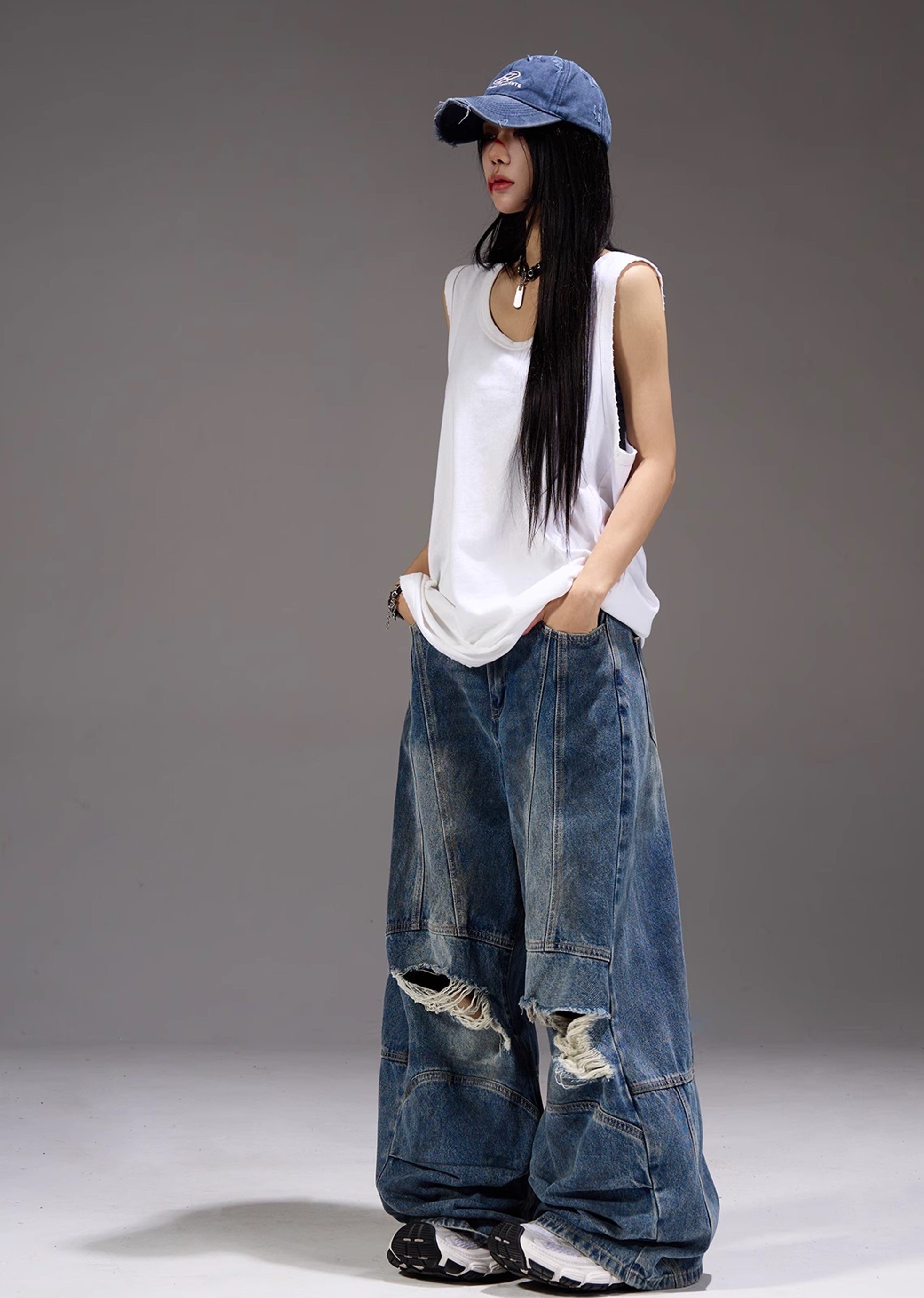 【MAXDSTR】Dull knee damage processing mid-light wide straight denim pants  MD0155-CALLISTARI