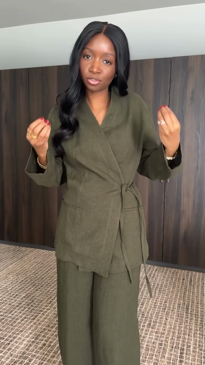 Olive Green Linen Wrap Blazer & Wide - Leg Pants Set-aritzao