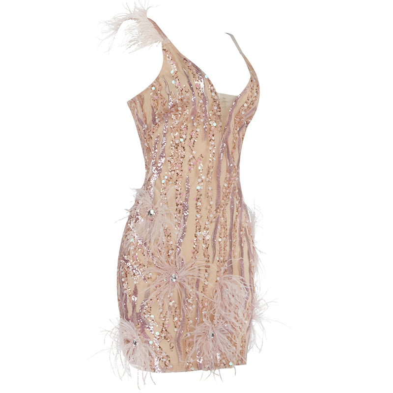 Tasha Pink Feather Sequins Mini Dress-CALLISTARI