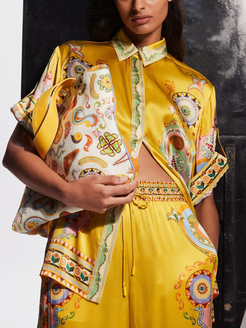 Callistari Sophisticated Satin Unique Cashew Flower Print Button Oversized Shirt Suits-CALLISTARI