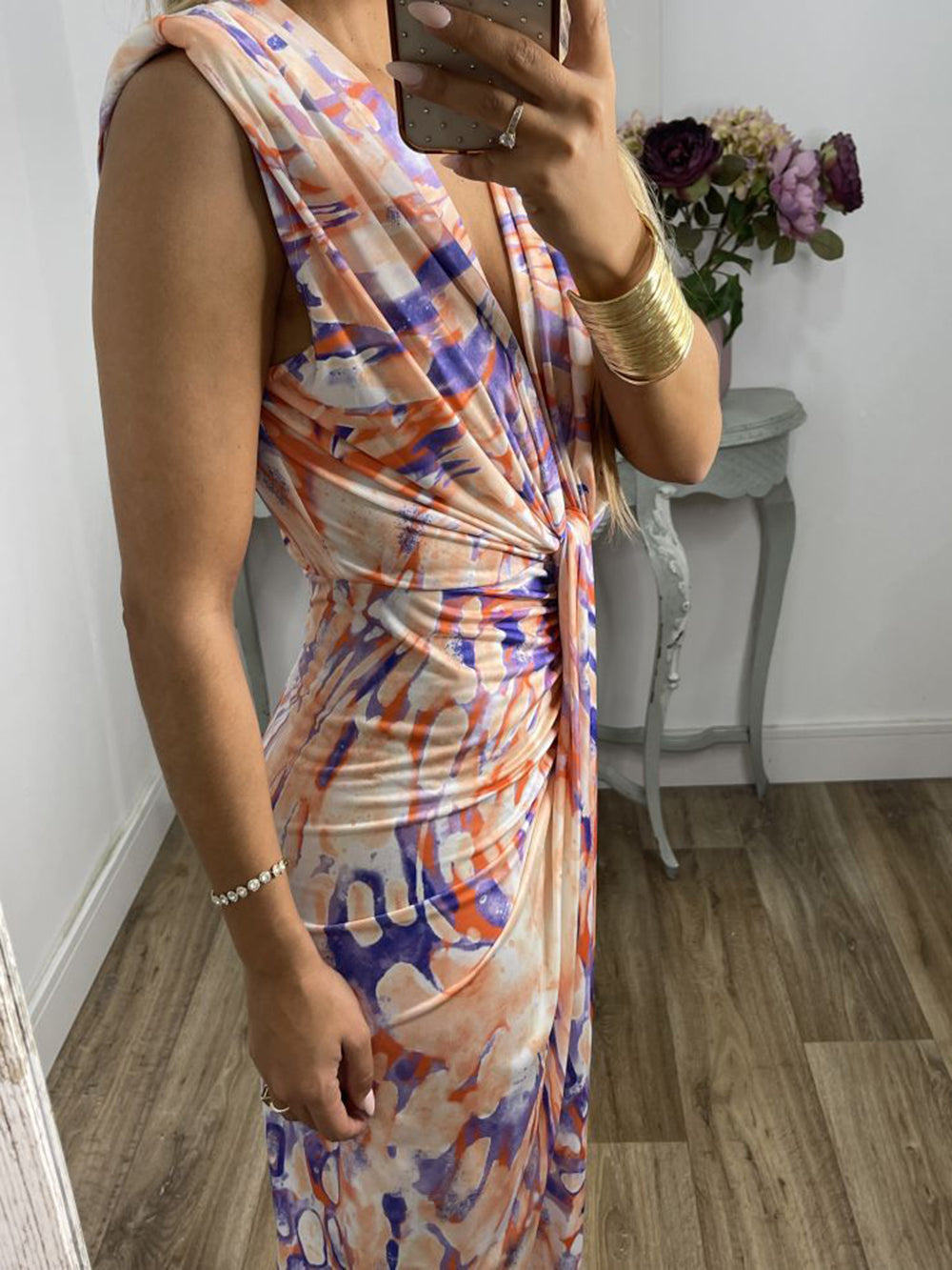 Tie-Dye Deep V Ruched Knotted Maxi Dress-CALLISTARI