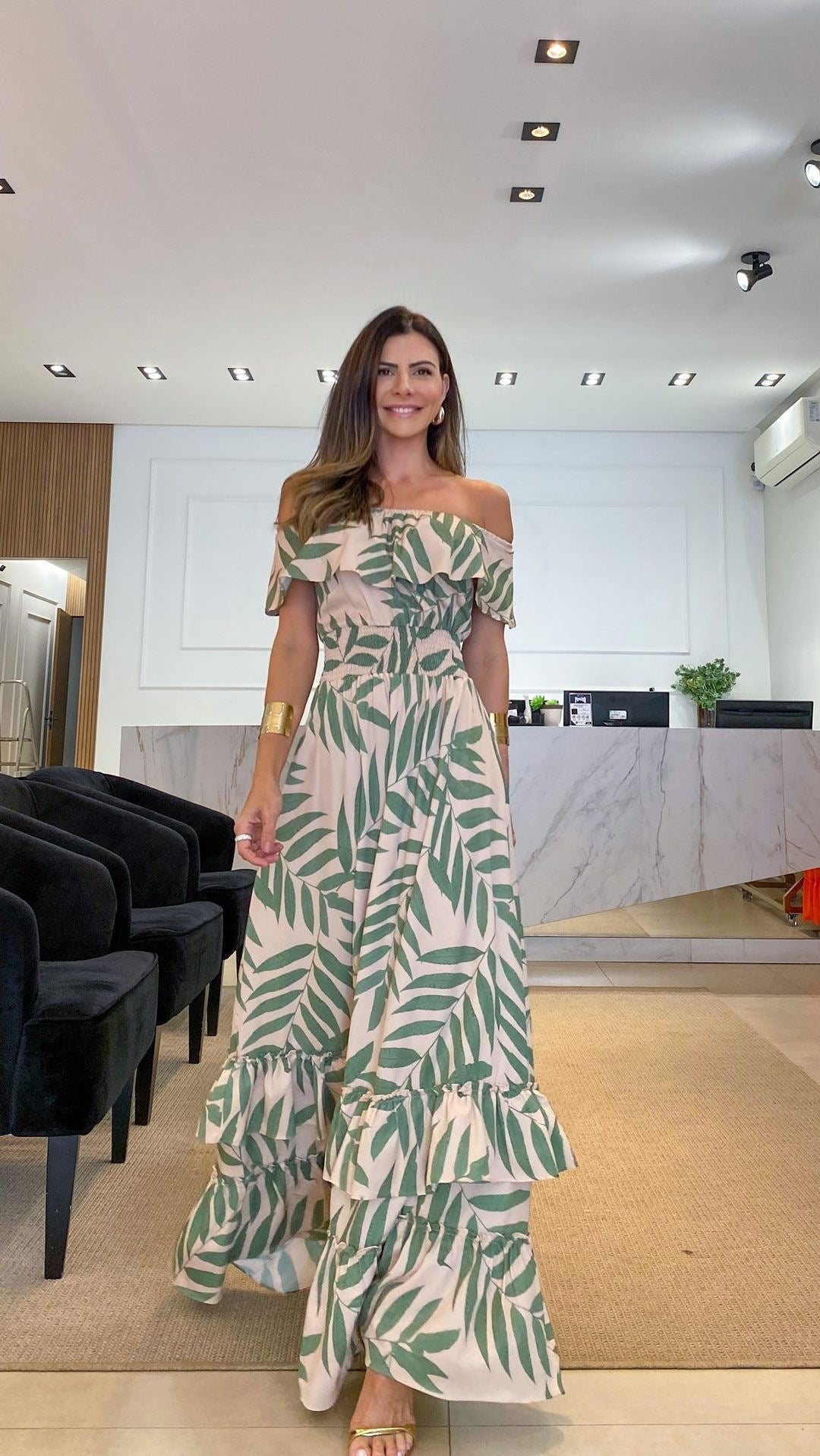 One Sleeve Palm Printed Self-Tie Tiered Maxi Dress-CALLISTARI