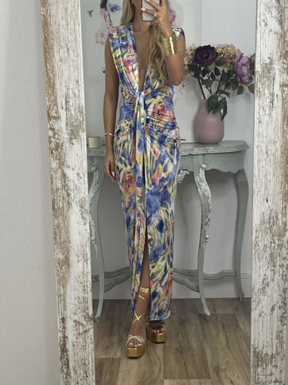 Tie-Dye Deep V Ruched Knotted Maxi Dress-CALLISTARI