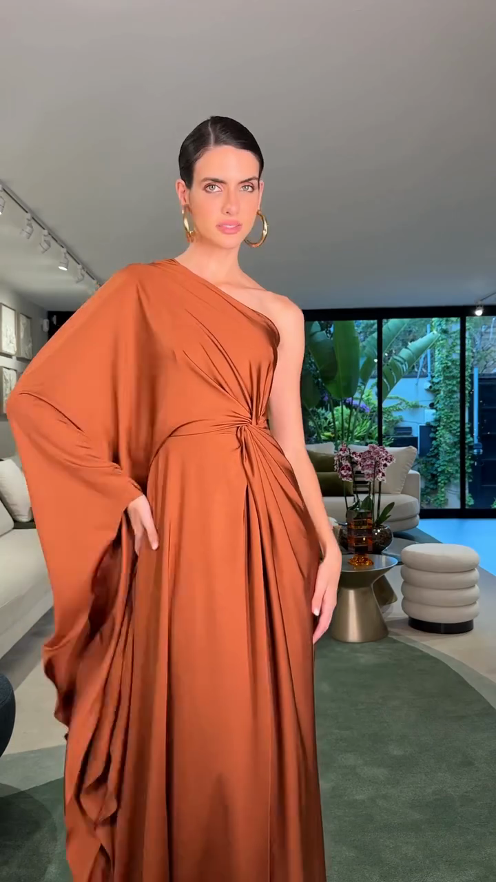 Terracotta-colored one-shoulder pleated maxi dress