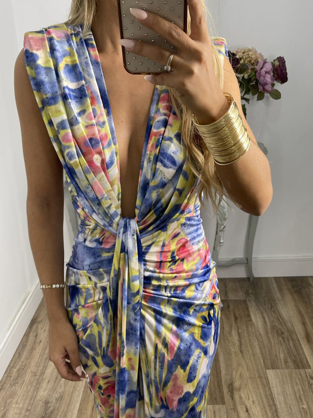 Tie-Dye Deep V Ruched Knotted Maxi Dress-CALLISTARI