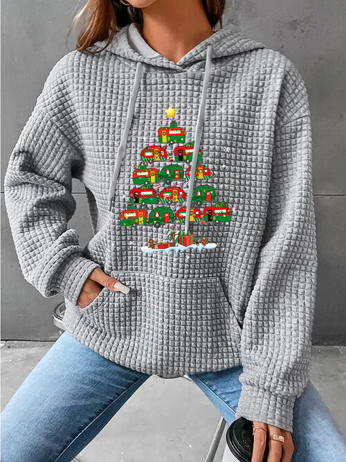 Christmas Tree Knit Drawstring Hoodie with Pocket-CALLISTARI