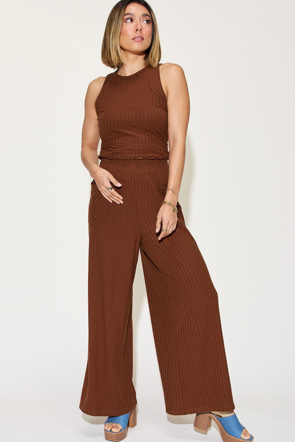 Basic Bae Full Size Ribbed Tank and Wide Leg Pants Set-aritzao