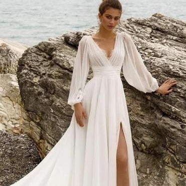 European And American High Waist Plus Size Deep V Long Sleeve Mopping Backless Wedding Dress High Slit-CALLISTARI