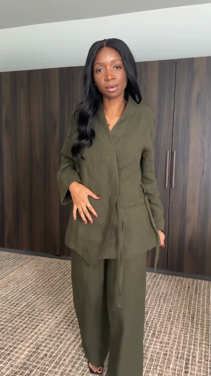 Olive Green Linen Wrap Blazer & Wide - Leg Pants Set-aritzao