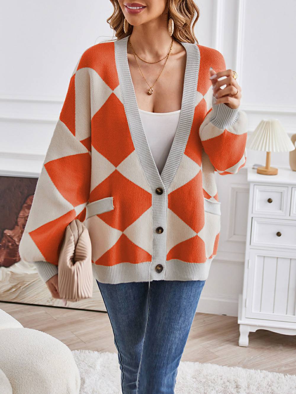 V-Neck Geometric Color Block Knit Cardigan-CALLISTARI