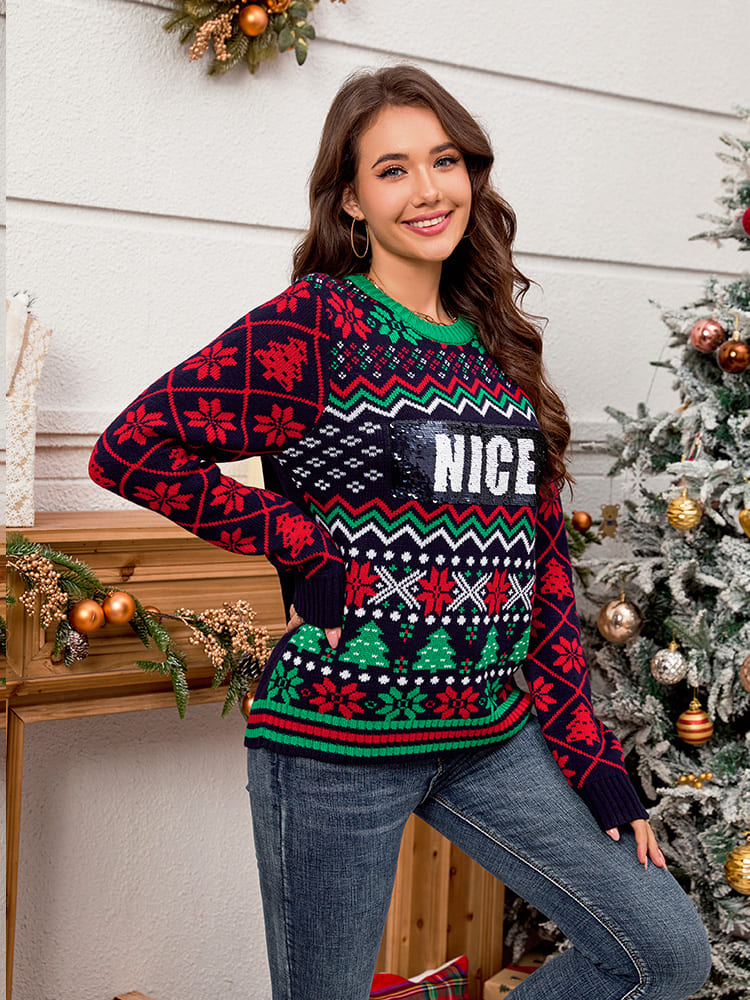 Sequin Embroidered Christmas Jacquard Knitted Sweater-CALLISTARI