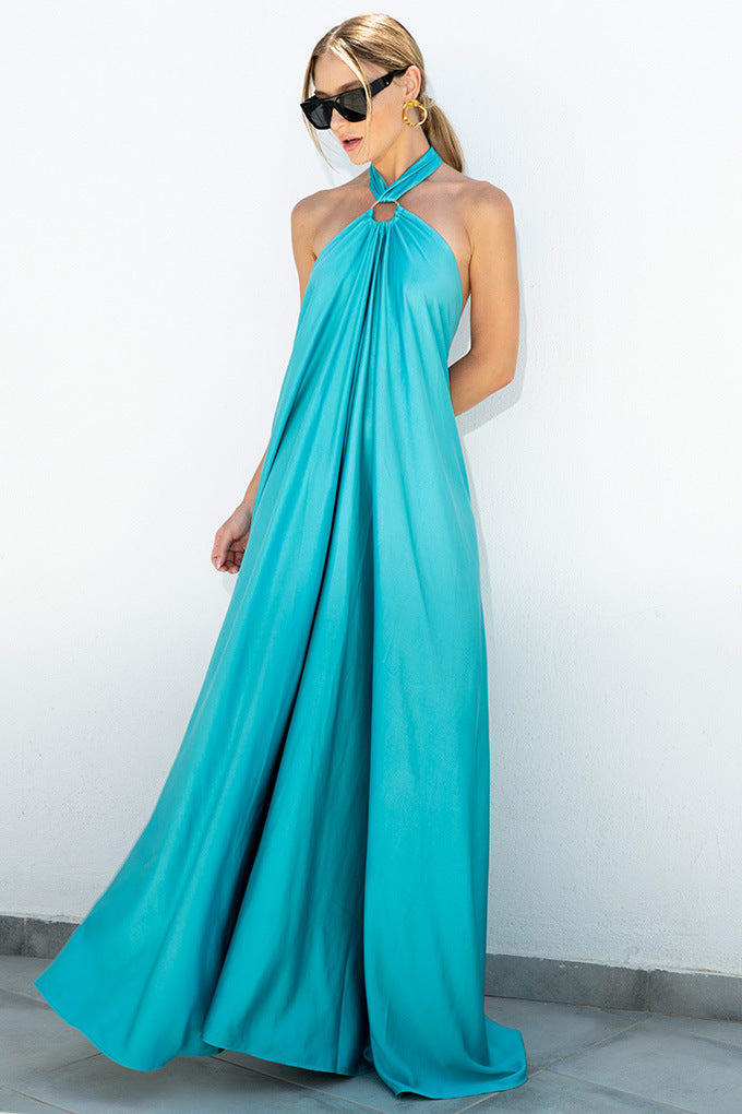 Satin  Elegant Maxi long Dress: Backless Halter Neck-CALLISTARI