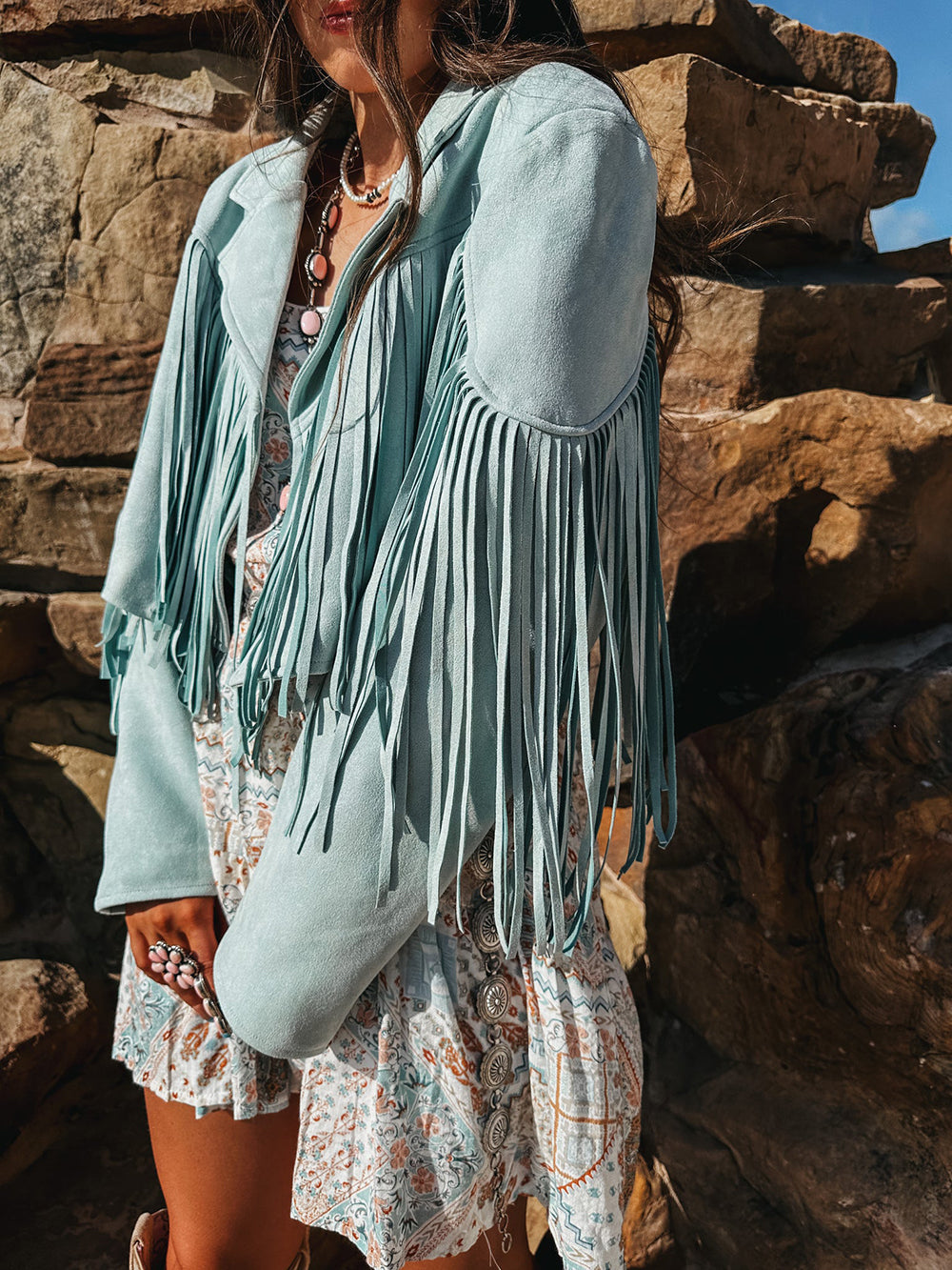 Baby Blue Fringe Leather Jacket-CALLISTARI