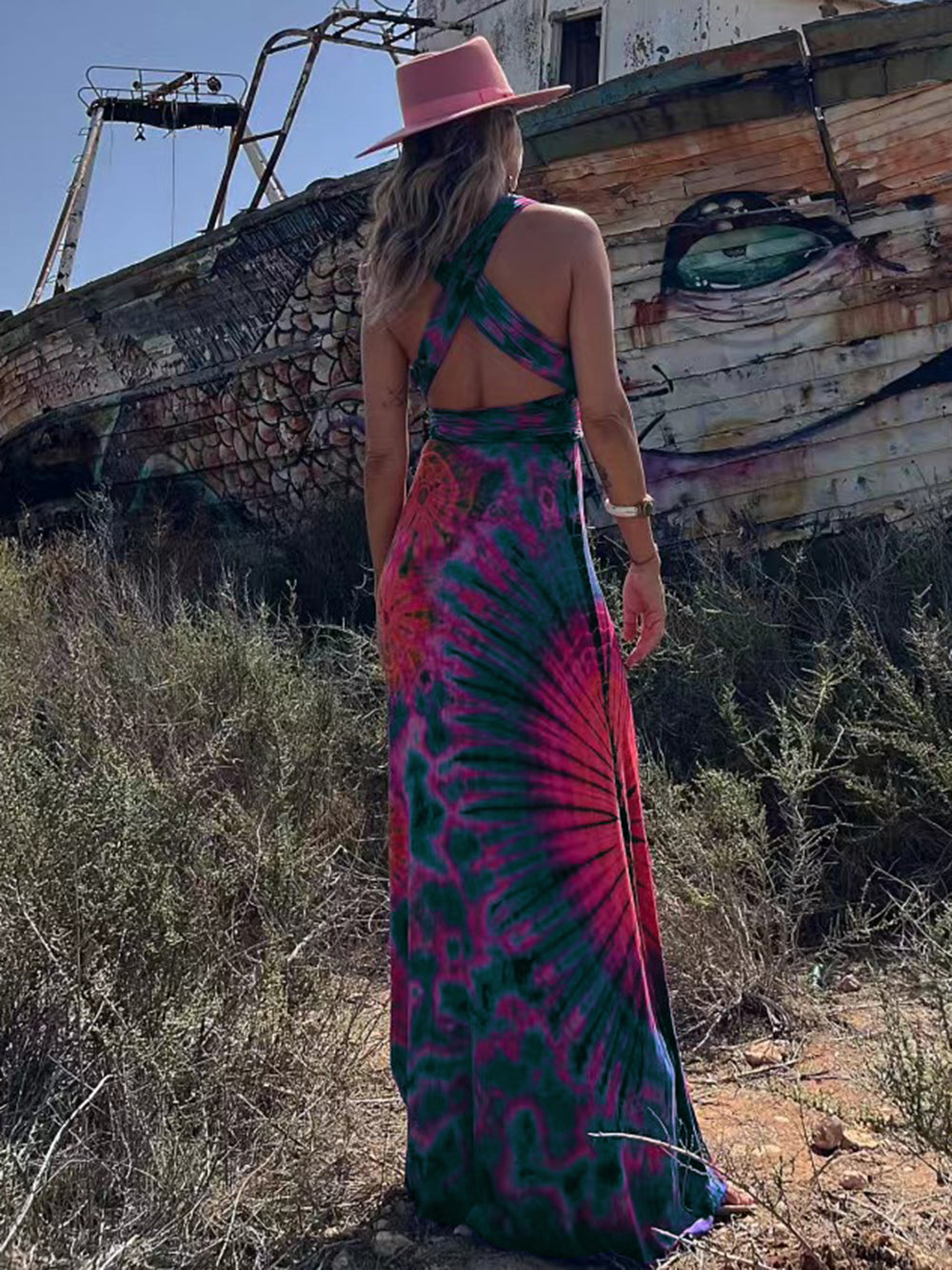 Tie-dye Print V-neck Cross Back Straps Stretch Maxi Dress-CALLISTARI