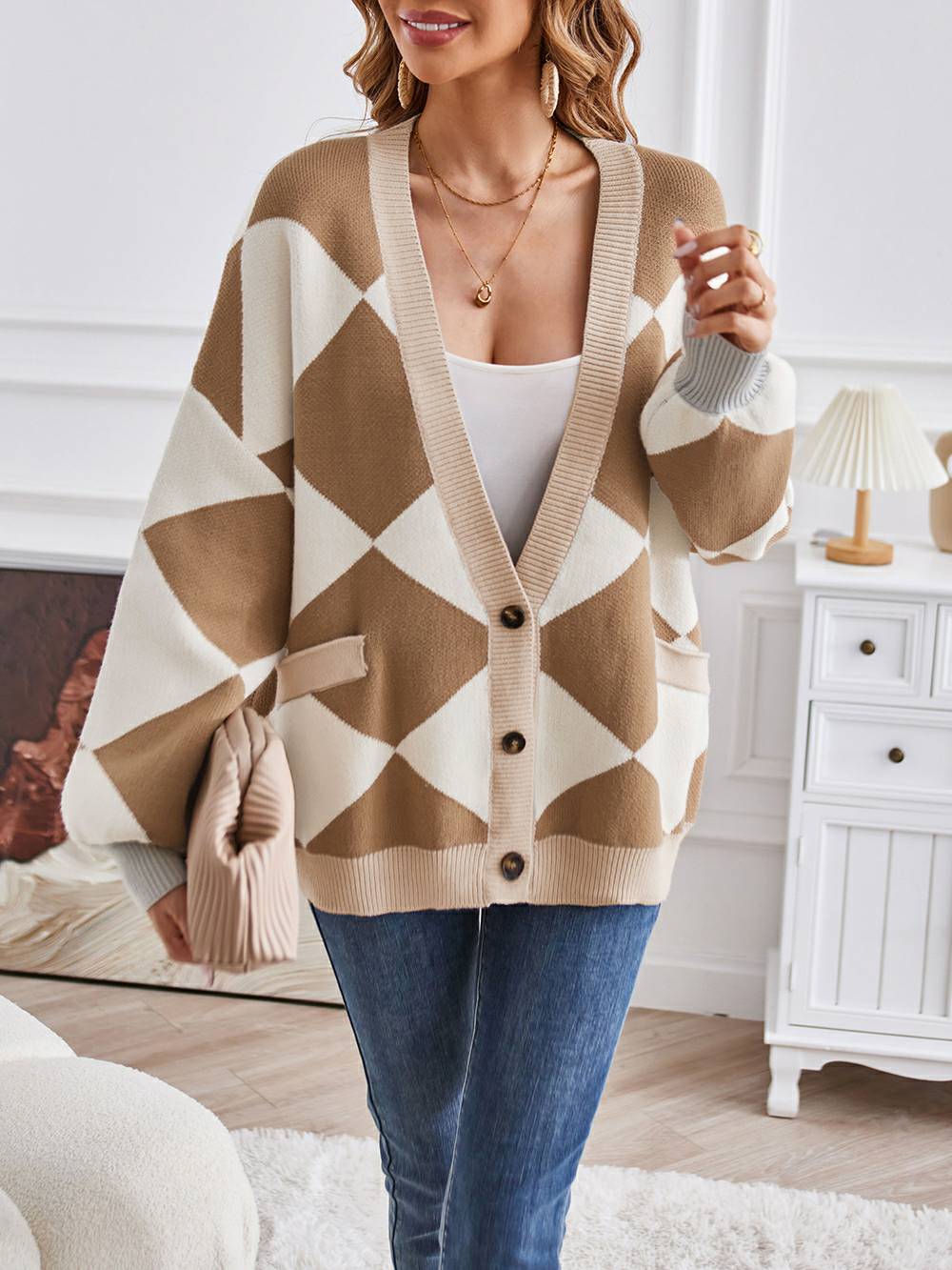V-Neck Geometric Color Block Knit Cardigan-CALLISTARI