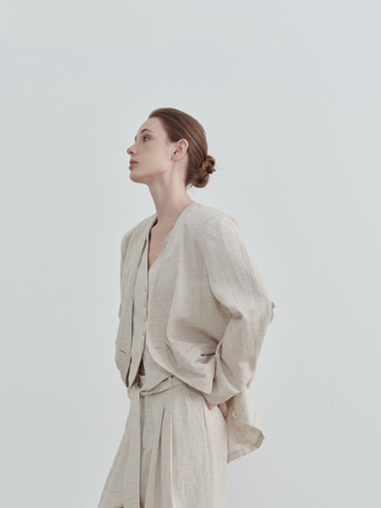Casual Collarless Linen Blazer-CALLISTARI