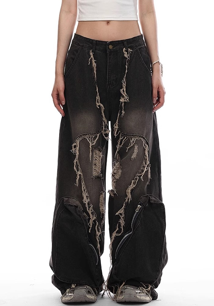 【VINMUK】Line damage full design dull black denim wide pants  VM0001-CALLISTARI