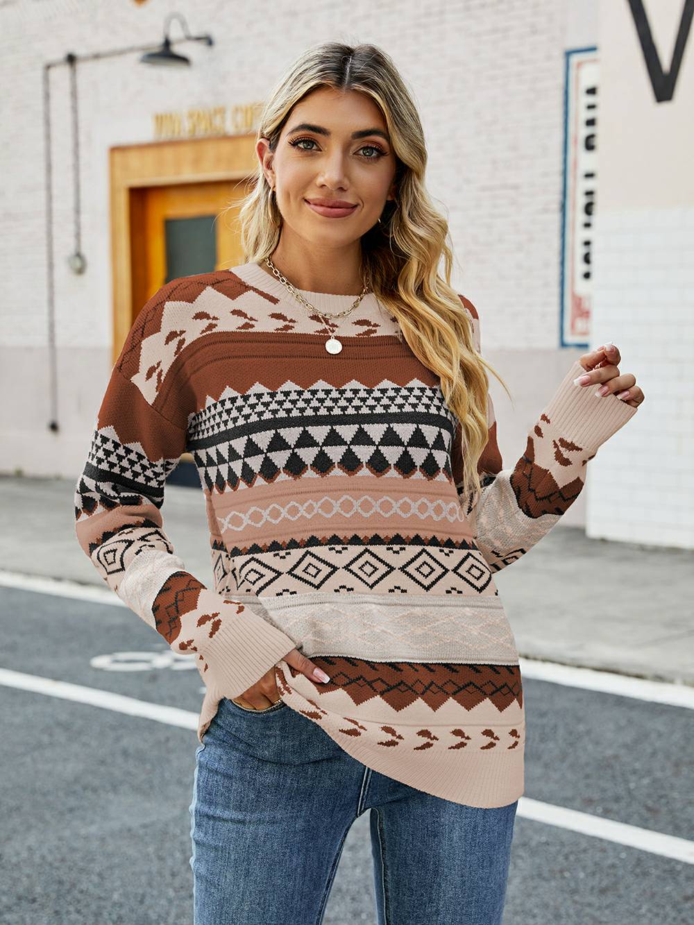 Jacquard Multicolor Patchwork Knit Sweater-CALLISTARI