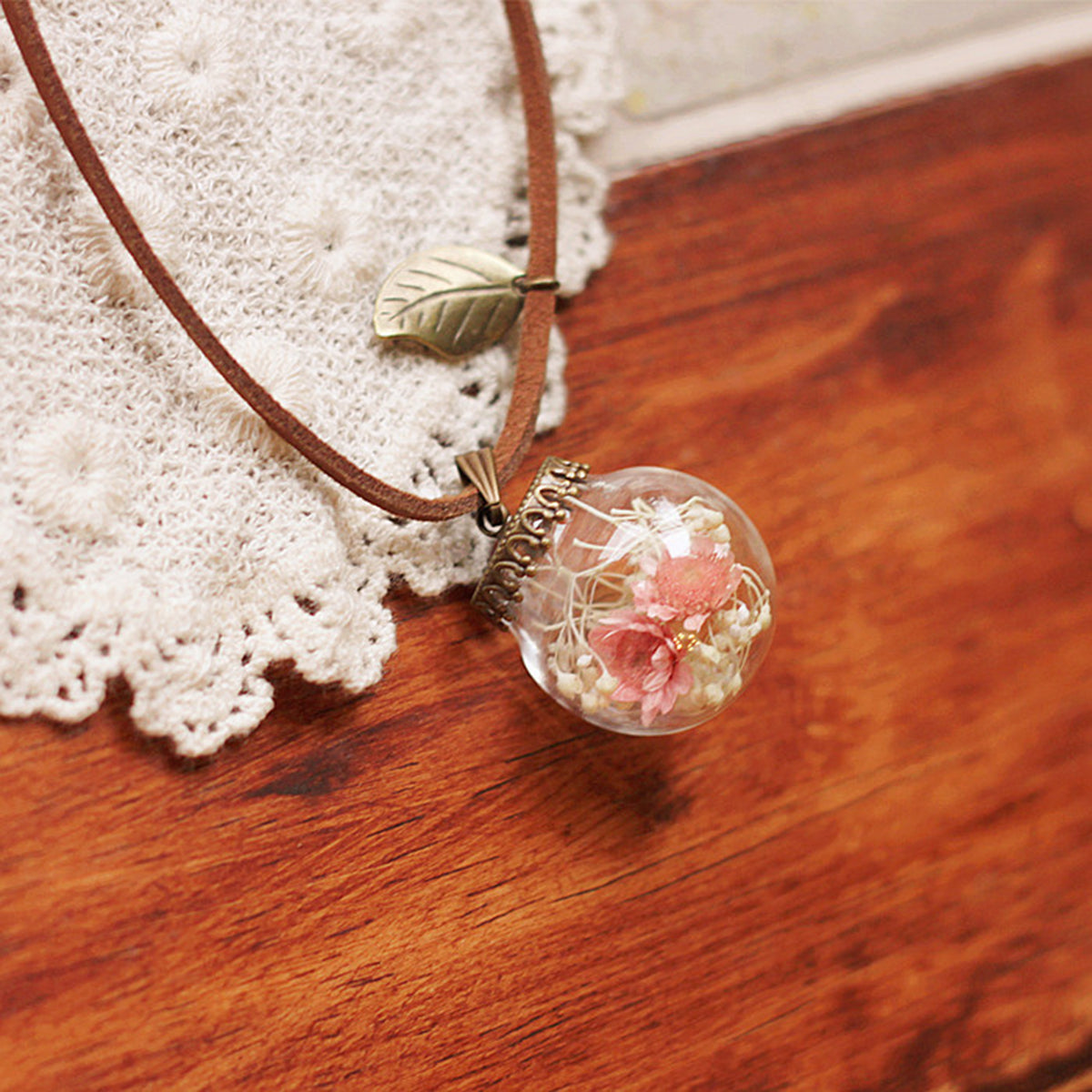 Resin Pressed Flower Necklaces - Crystal Ball Pink Girl Garden-CALLISTARI