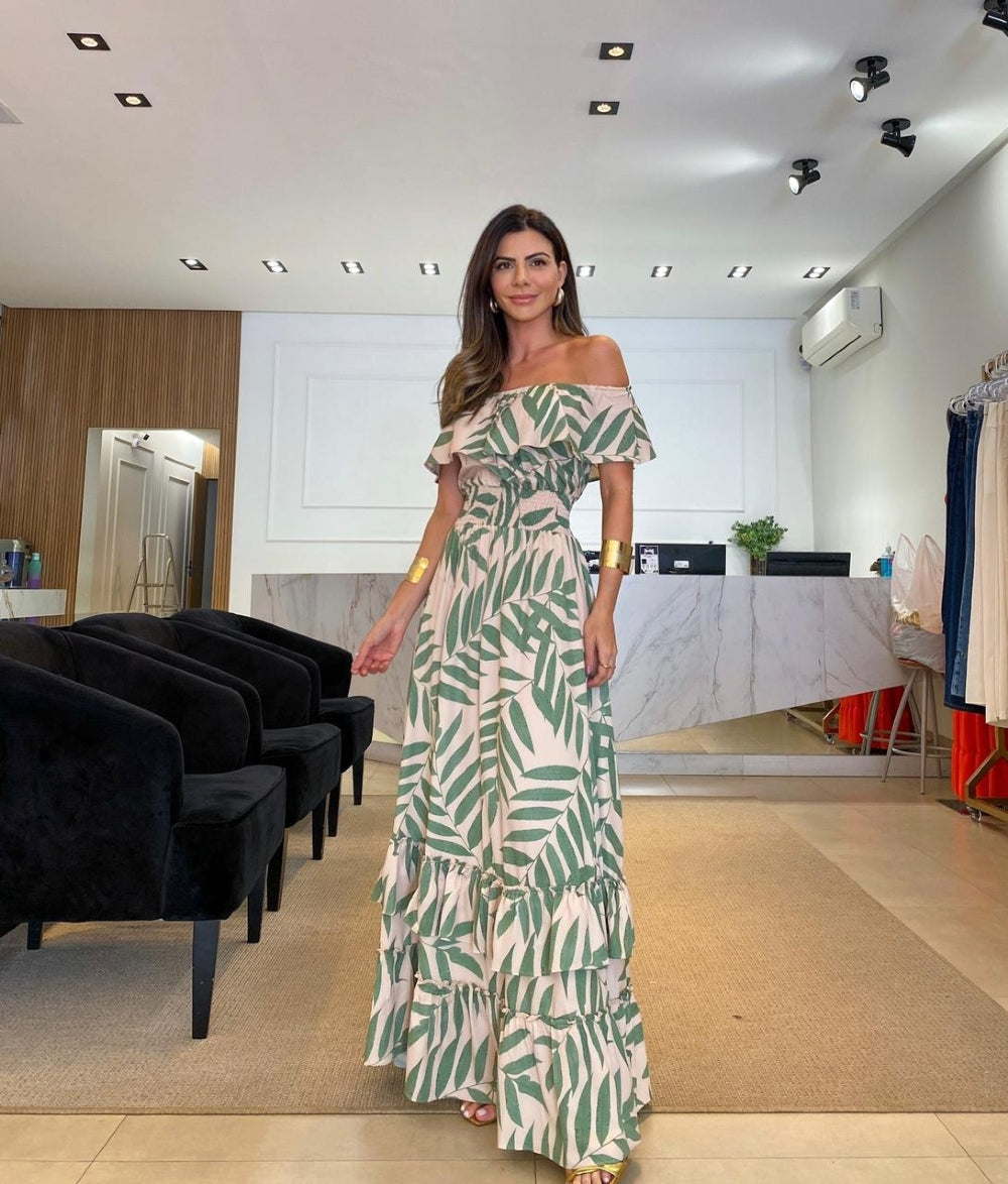One Sleeve Palm Printed Self-Tie Tiered Maxi Dress-CALLISTARI