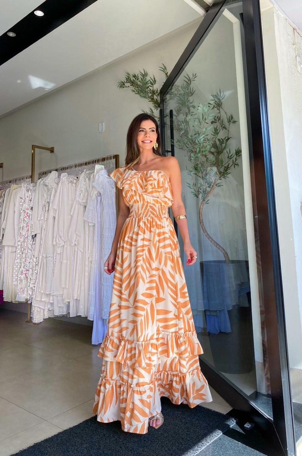 One Sleeve Palm Printed Self-Tie Tiered Maxi Dress-CALLISTARI